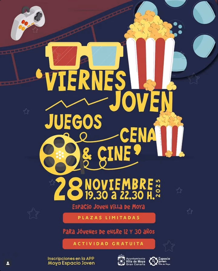 Viernes joven con juegos, cine y cena y en el Espacio Joven Villa de Moya, Gran Canaria, para jóvenes de 12 a 30 años.
