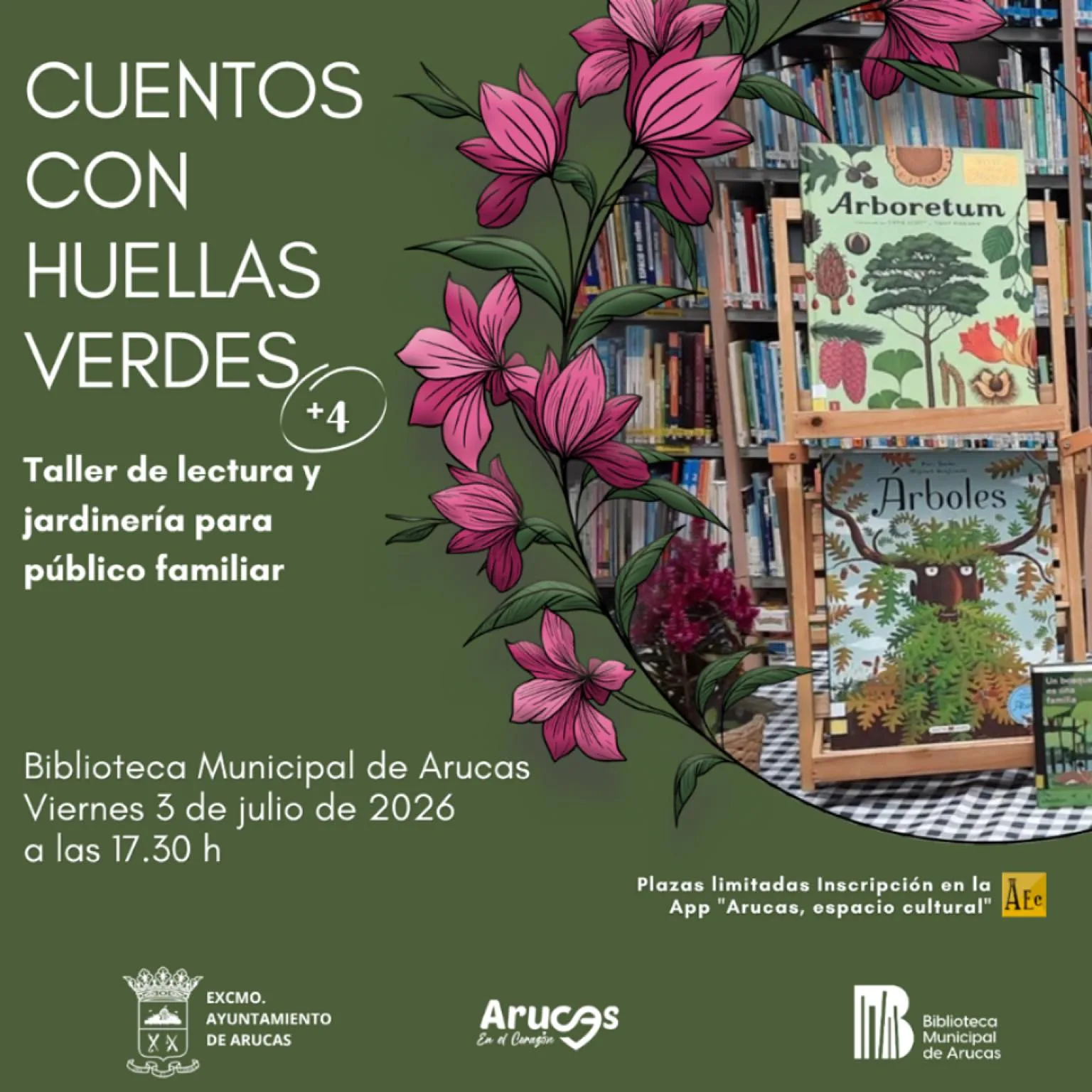 Taller de lectura y jardinería para familias "Cuentos con huellas verdes" en la Biblioteca Municipal de Arucas, Gran Canaria.
