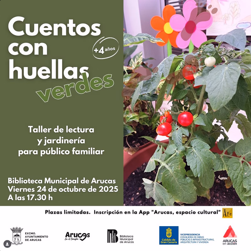 Taller de lectura y jardinería para familias "Cuentos con huellas verdes" en la Biblioteca Municipal de Arucas, Gran Canaria.