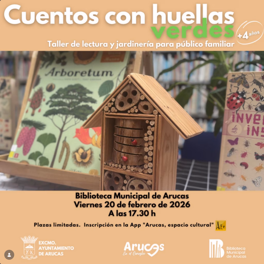 Taller de lectura y jardinería para familias "Cuentos con huellas verdes" en la Biblioteca Municipal de Arucas, Gran Canaria.
