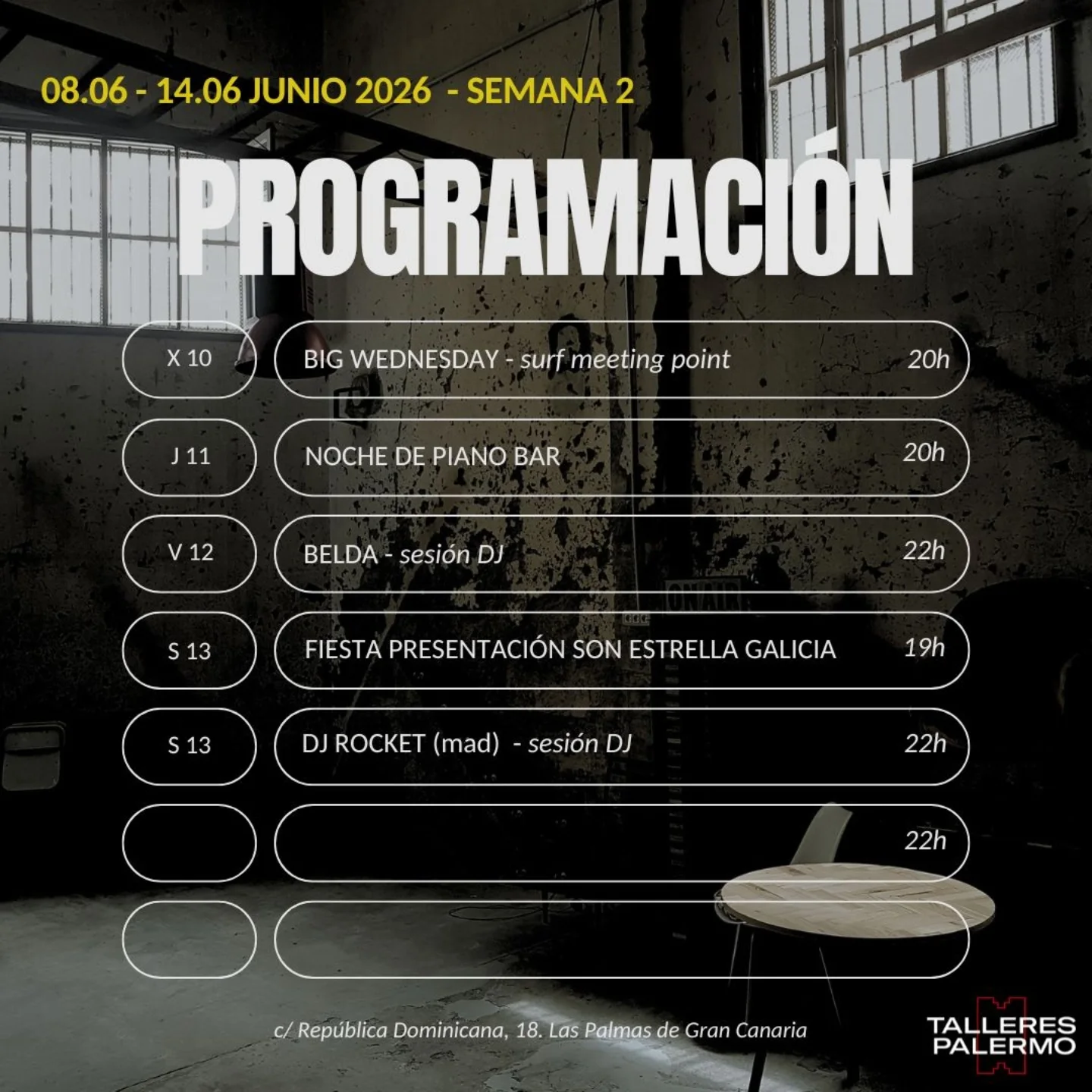 Programación de eventos de Talleres Palermo 2ª semana Junio