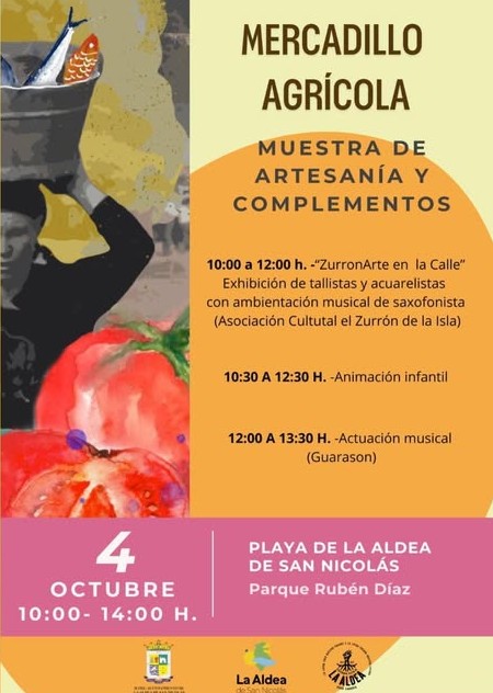 Mercadillo agrícola, muestra artesanía y complementos en la Plaza de la Alameda de La Aldea, Gran Canaria.