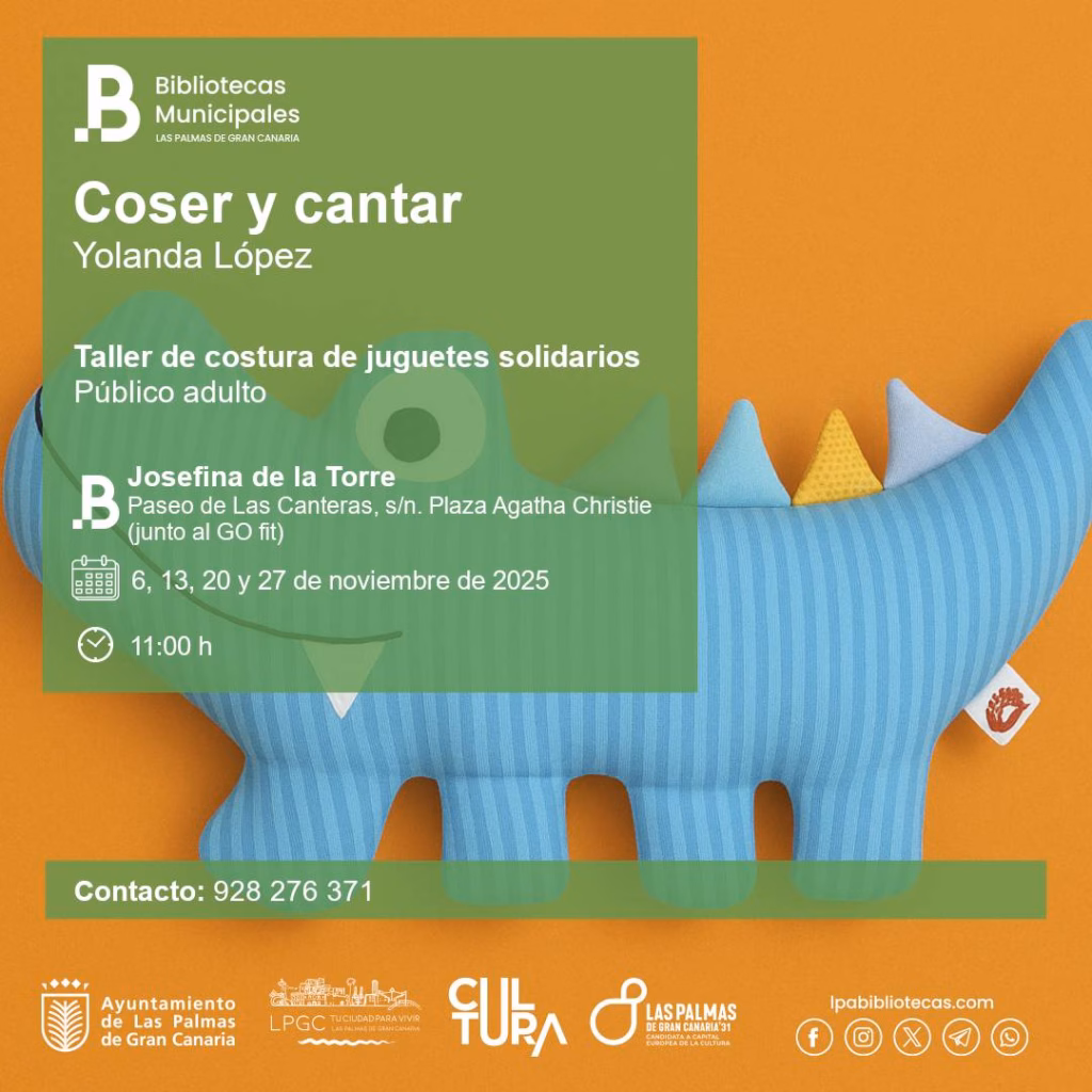 Taller "Coser y Cantar" costura de juguetes solidarios en la Biblioteca Josefina de la Torre, Las Palmas de Gran Canaria.