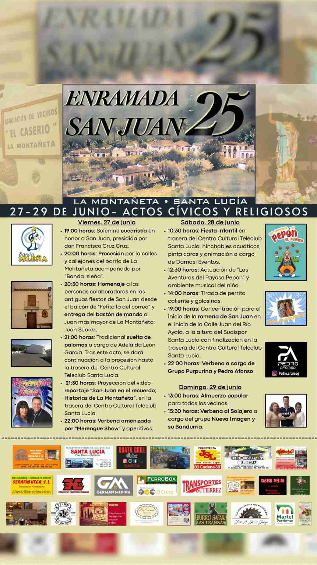Programa de las Fiestas de la Enramada de San Juan en La Montañeta, Santa Lucía, Gran Canaria, del 27 de junio: