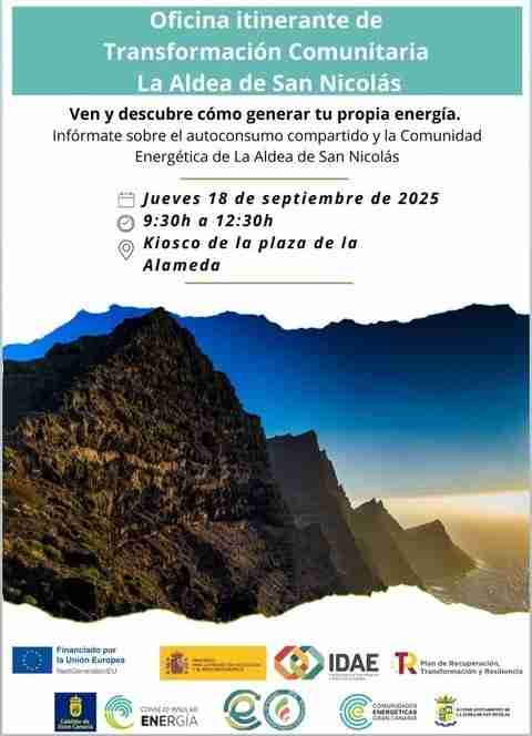 Charla "Cómo generar tu propia energía" de la Oficina Itinerante de Transformación Comunitaria en el Kiosko de La Alameda, La Aldea de San Nicolás, Gran Canaria.