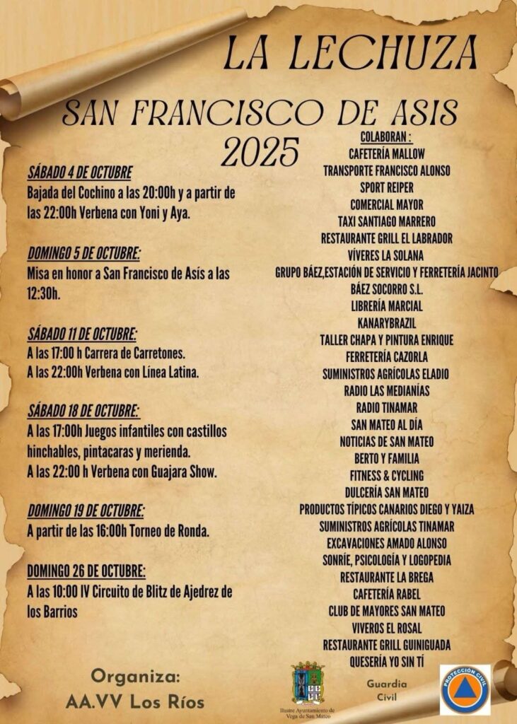 Programa de las Fiestas de San Francisco de Asís en La Lechuza, San Mateo, Gran Canaria