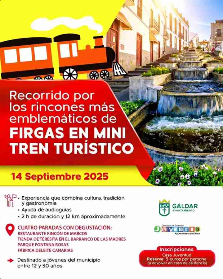 Visita - Firgas en mini tren turístico, para jóvenes de Gáldar, Gran Canaria.