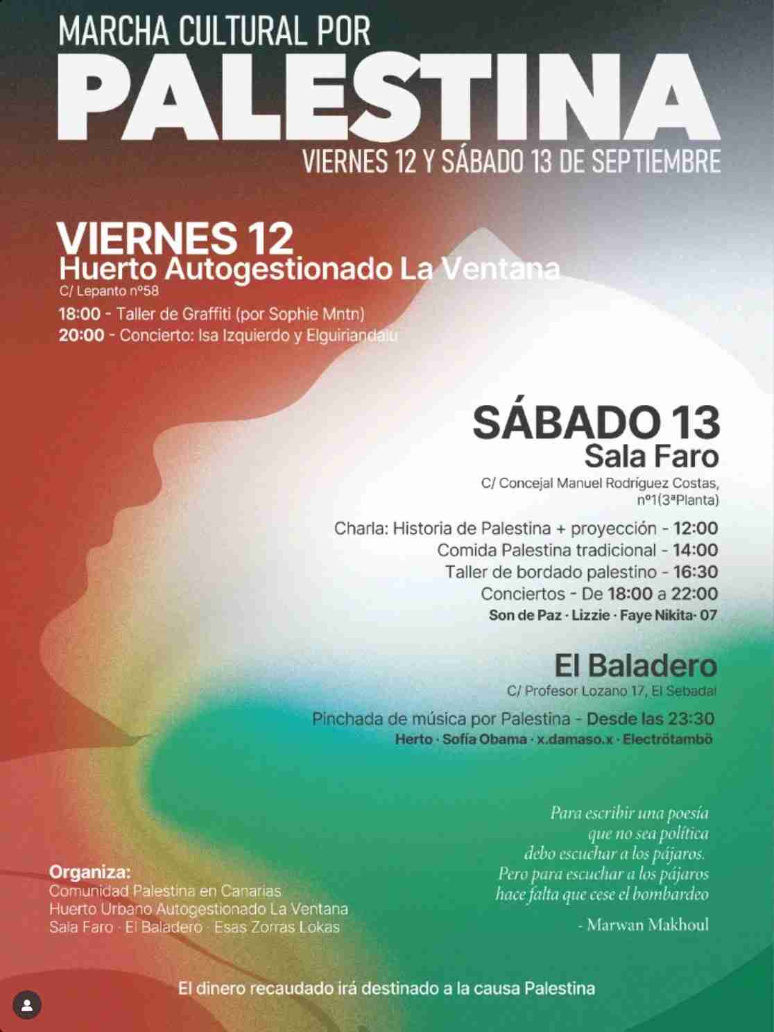 Marcha Cultural por Palestina en el Huerto La Ventana y Sala Faro, Las Palmas de Gran Canaria.