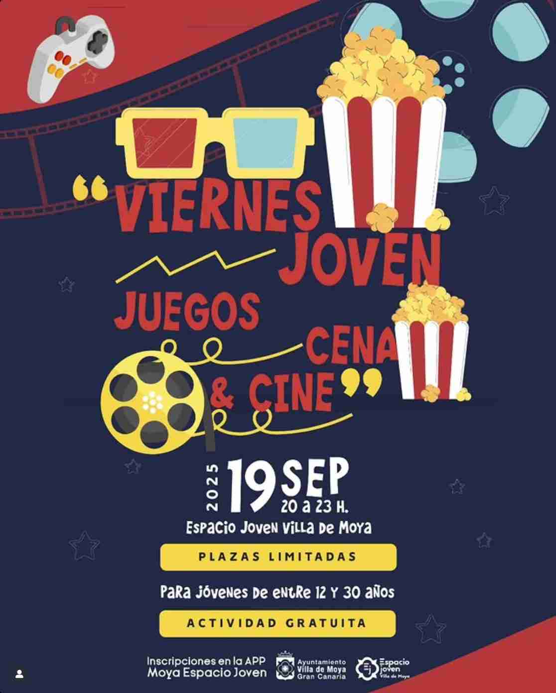 Viernes joven con juegos, cine y cena y en el Espacio Joven Villa de Moya, Gran Canaria, para jóvenes de 12 a 30 años.