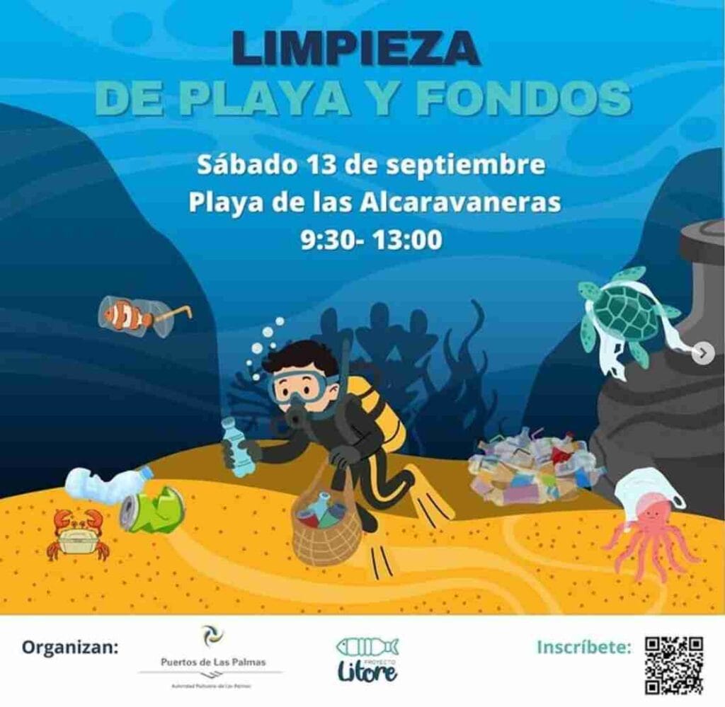 Limpieza de playa y fondos solidaria en la Playa de las Alcaravaneras, Las Palmas Gran Canaria.