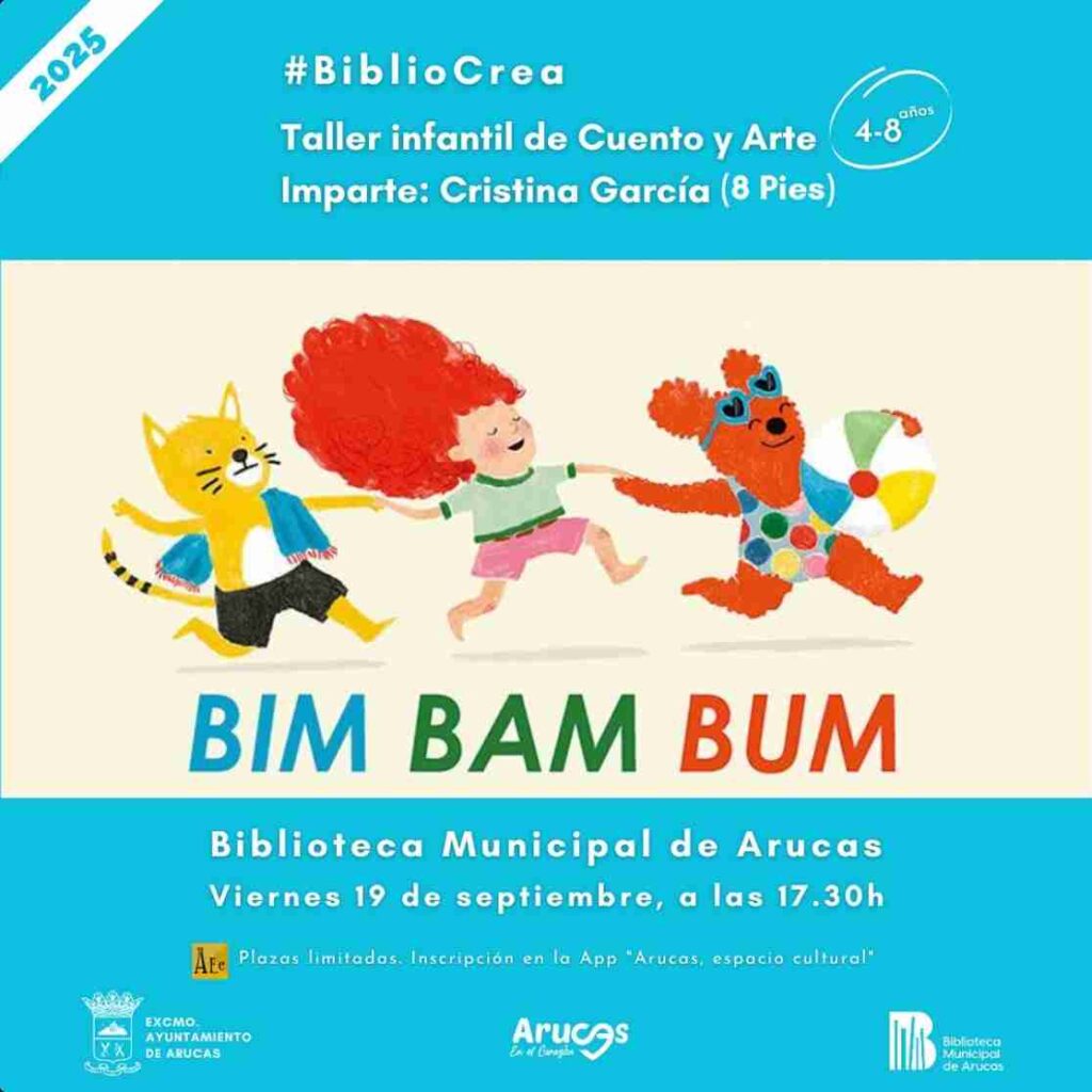 Taller infantil de cuento y arte "Bim Bam Bum" de BiblioCrea en la Biblioteca Municipal de Arucas, Gran Canaria.