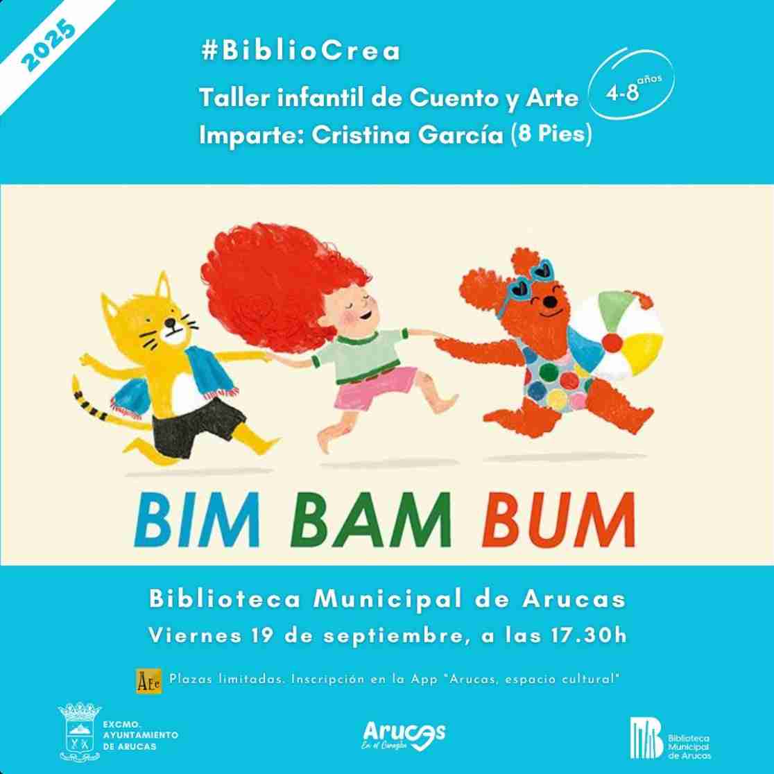 Taller infantil de cuento y arte "Bim Bam Bum" de BiblioCrea en la Biblioteca Municipal de Arucas, Gran Canaria.