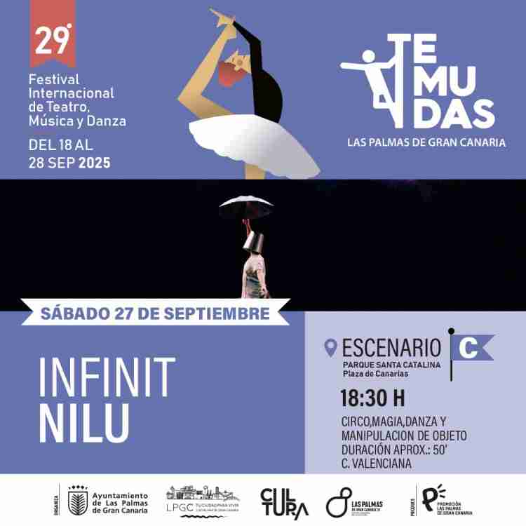 Festival Temudas - Circo y Magia - Nilu de la compañía Infinit en la Plaza de Canarias (Trasera de Santa Catalina), Las Palmas de Gran Canaria.