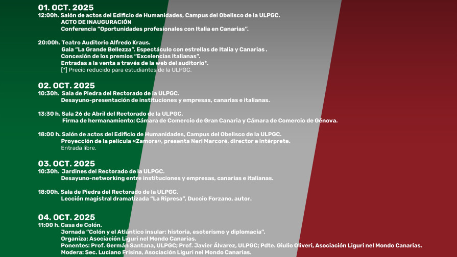 Semana Internacional de Italia organizada por el Vicerrectorado de Internacionalización y Cooperación de la ULPGC en Las Palmas de Gran Canaria.