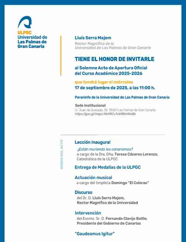 Acto Académico de Apertura del Curso 2025-2026 en el Paraninfo de la ULPGC, Las Palmas de Gran Canaria.