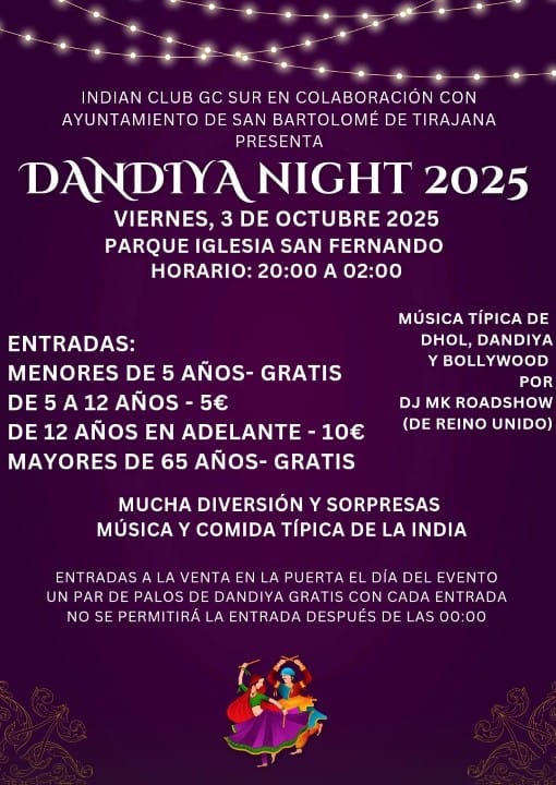 Fiesta "Dandiya Night 2025" en el Parque Iglesia San Fernando, Maspalomas, San Bartolomé, Gran Canaria.