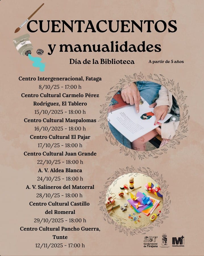 Infantil - Cuentacuentos y manualidades por el Día de la Biblioteca en varios lugares de San Bartolomé de Tirajana, Gran Canaria.