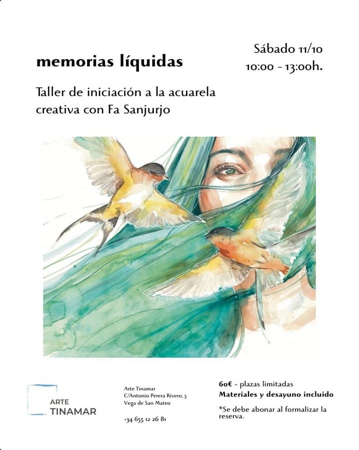 Taller de iniciación a la acuarela creativa "Memorias Líquidas" con Fa Sanjurjo en Arte Tinamar, San Mateo, Gran Canaria.
