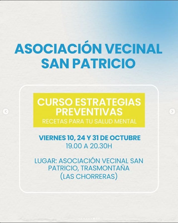 Taller - Estrategias preventivas: recetas para tu Salud mental en la Asociación Vecinal San Patricio, Arucas, Gran Canaria.
