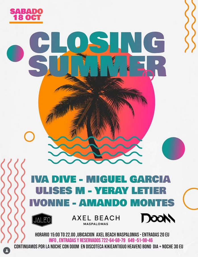 Fiesta "Jaleo Closing Summer" en Axel Beach Maspalomas, San Bartolomé, Gran Canaria.