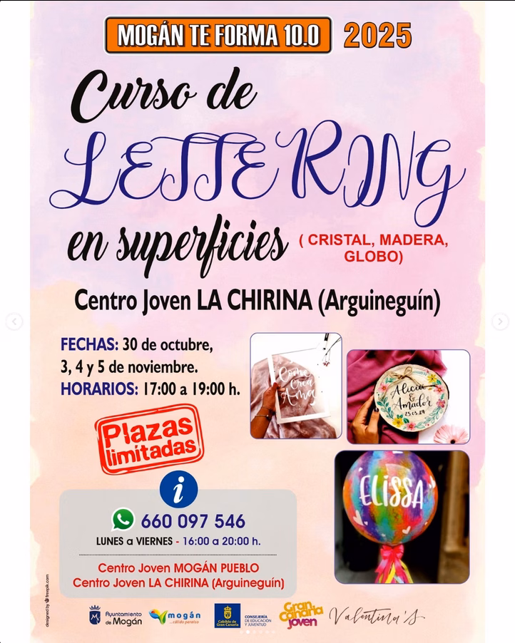 Taller de Lettering en superficies en el Centro Joven La Chirina, Arguineguín, Mogán, Gran Canaria.