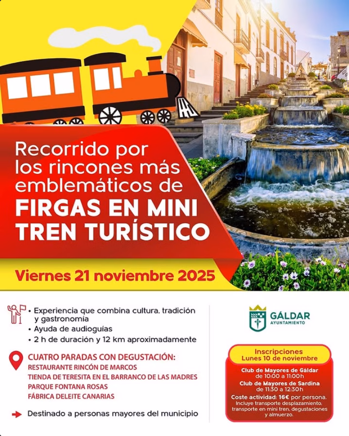Visita Guiada a Firgas mini tren turístico para Mayores organizada por los Clubs de Mayores de Gáldar, Gran Canaria.