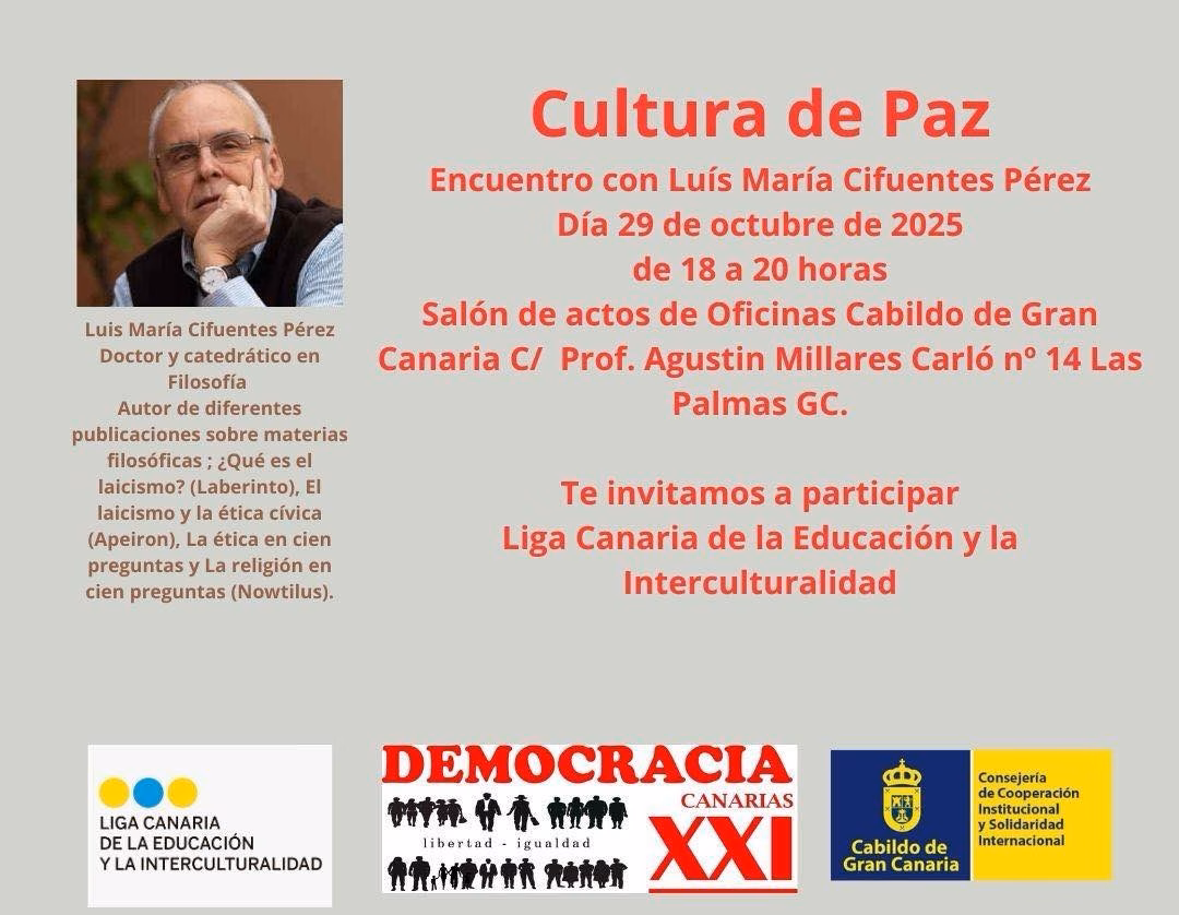 Charla "Cultura de Paz", encuentro con Luís María Cifuentes Pérez en el Salón de Actos de Oficinas del Cabildo, Las Palmas de Gran Canaria.