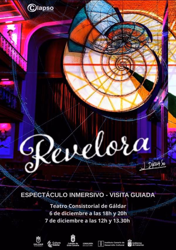 REVELORA es una propuesta escénica única que fusiona el teatro, la danza y las artes visuales en una visita teatralizada al emblemático Teatro Consistorial de Gáldar. Inspirada en el universo artístico de Pepe Dámaso, la pieza ofrece al espectador una experiencia inmersiva que transita entre lo sensorial y lo simbólico. Es un viaje emocional e histórico inspirado en un cuento del autor, historiador Celso Martín de Guzmán, precursor del museo, parque arqueológico Cueva Pintada de Gáldar. Revelora integra a los artistas de la zona generando un vínculo emocional a la hora de contar una historia relaciona con su lugar de origen, Gáldar.