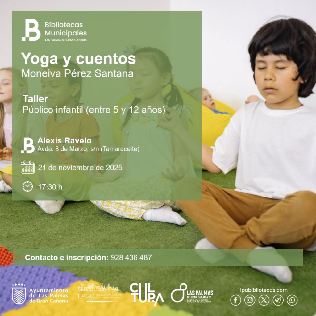 Taller Infantil y narración oral "Yoga y cuentos" en la Biblioteca Pública Alexis Ravelo, Las Palmas de Gran Canaria.