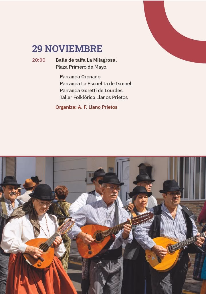 Programa de las Fiestas de La Milagrosa en el Cruce Arinaga, Agüimes, Gran Canaria, del 29 de noviembre: Baile de taifa La Milagrosa.