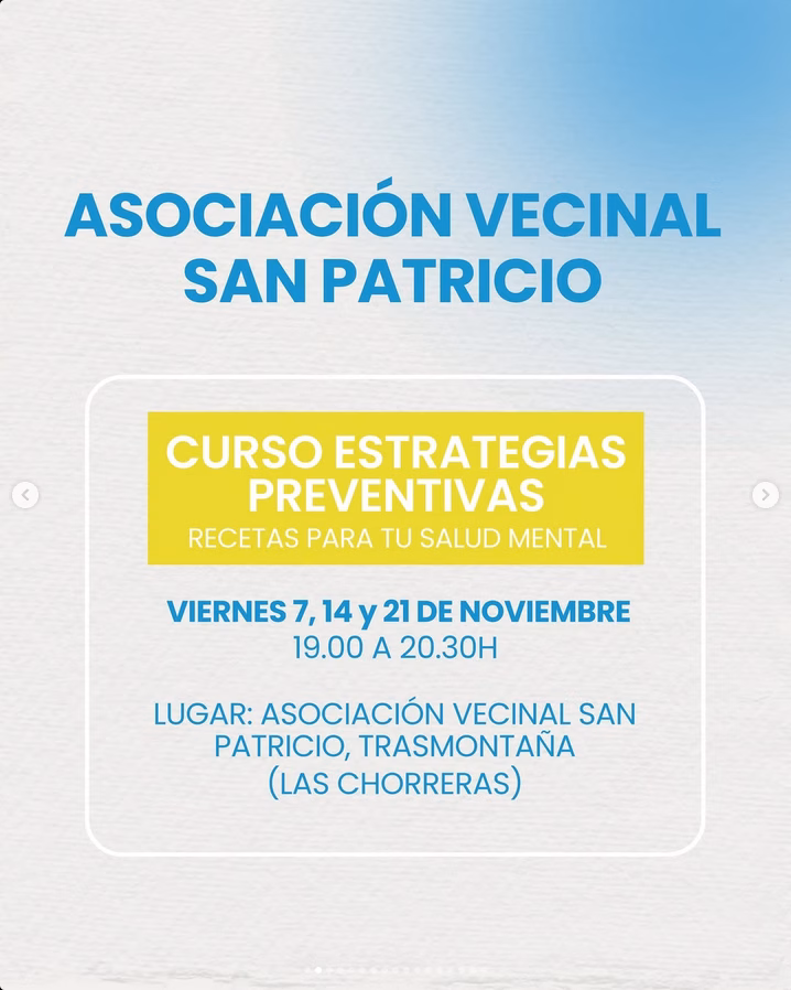 Taller - Estrategias preventivas: recetas para tu salud mental, en la Asociación Vecinal San Patricio, Trasmontaña, Arucas, Gran Canaria.