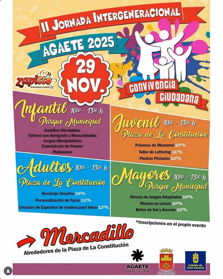 II Jornada Intergeneracional Agaete 2025, en la Plaza de la Constitución y el Parque Popular, Gran Canaria.