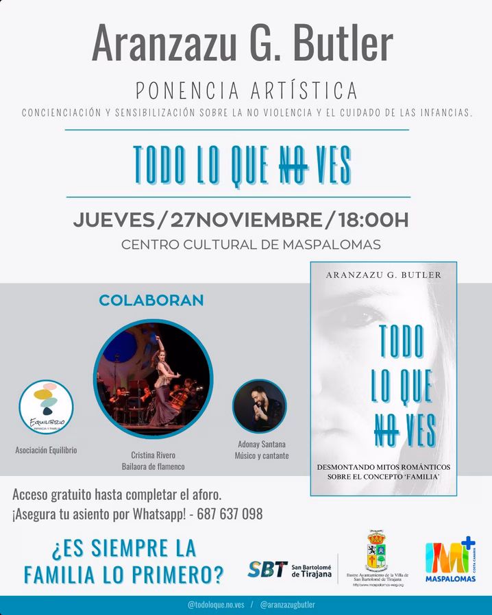 Charla "Todo lo que no ves: desmontando mitos románticos sobre las familias" en el Centro Cultural de Maspalomas, San Bartolomé de Tirajana, Gran Canaria.