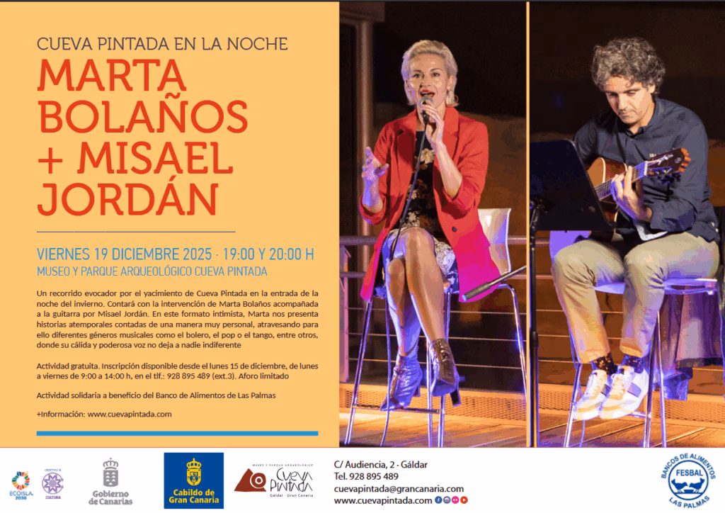 Concierto de Marta Bolaños y Misael Jordán en la 'Cueva Pintada en la Noche' del Museo y Parque Arqueológico Cueva Pintada, Gáldar, Gran Canaria.