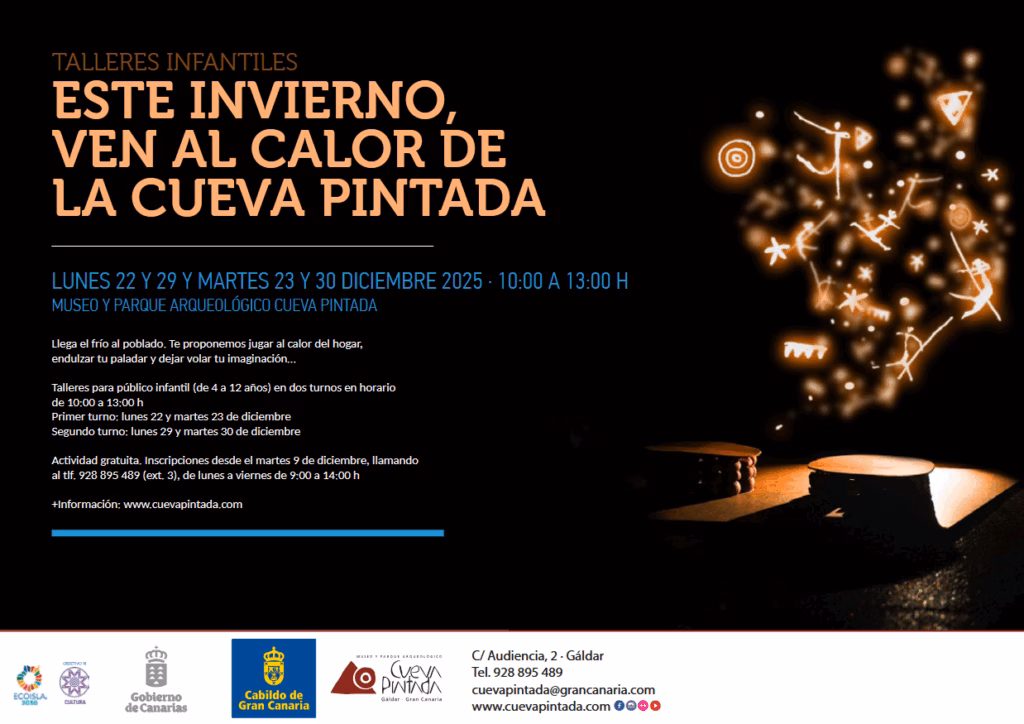 Taller infantil "Este invierno, ven al calor de la Cueva Pintada" en el Museo y Parque Arqueológico Cueva Pintada, Gáldar, Gran Canaria.