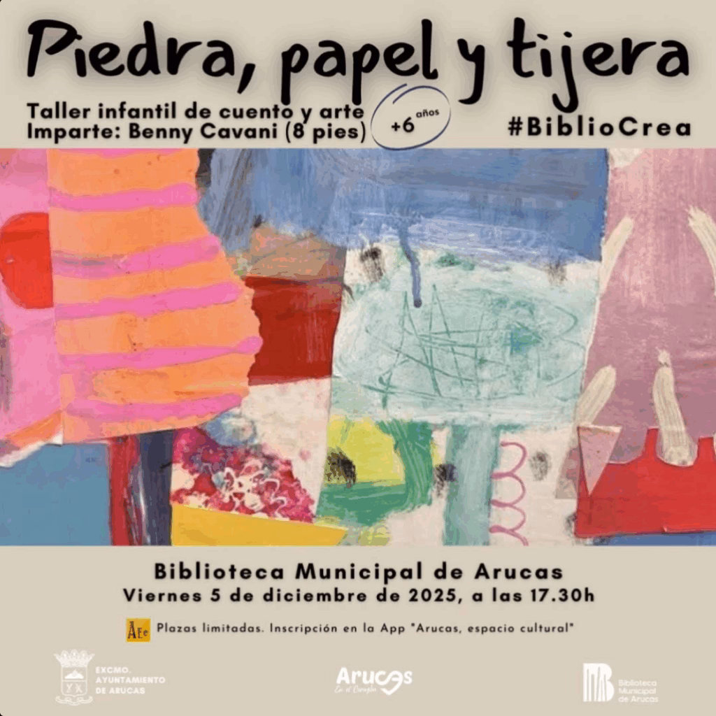 Taller infantil de cuento y arte "Piedra, papel y tijera" de BiblioCrea en la Biblioteca Municipal de Arucas, Gran Canaria.