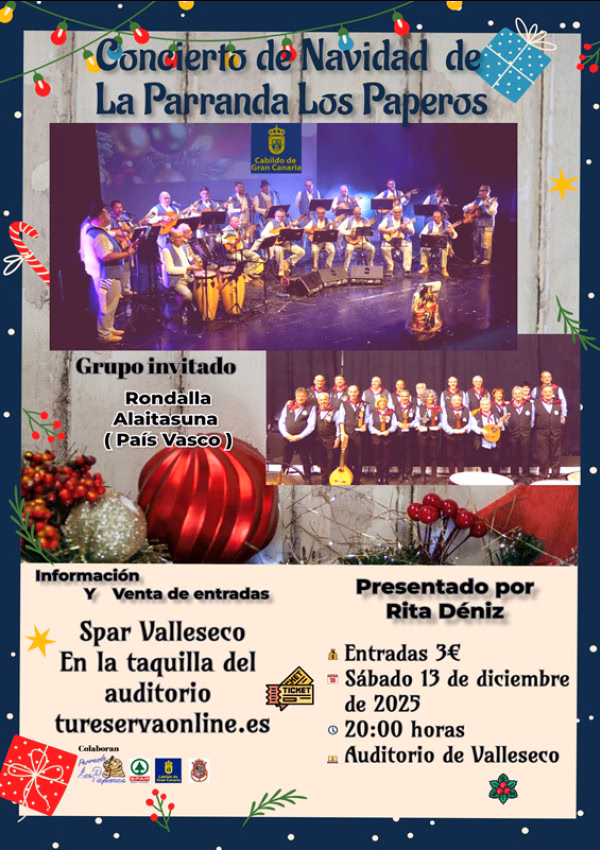 Concierto de Navidad de la Parranda de Los Paperos en el Auditorio de Valleseco, Gran Canaria.