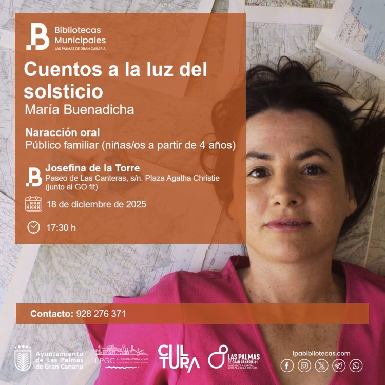 Narración - Cuentacuentos "Cuentos a la luz del solsticio" con Maria Buenadicha en la Biblioteca Josefina de la Torre, Las Palmas de Gran Canaria.