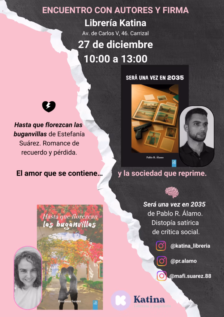 La Librería Katina de Carrizal de Ingenio, Gran Canaria, acoge el próximo 27 de diciembre, de 10:00 a 13:00, un encuentro literario con dos autores canarios que presentan obras muy diferentes en tono y temática.