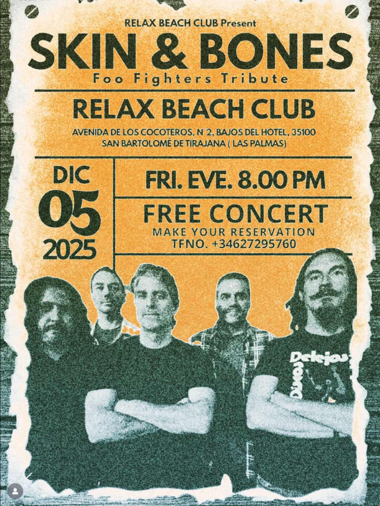 Concierto de Skin & Bones, tributo a Foo Fighters, en en Relax Beach Club, San Agustín, San Bartolomé de Tirajana, Gran Canaria.
