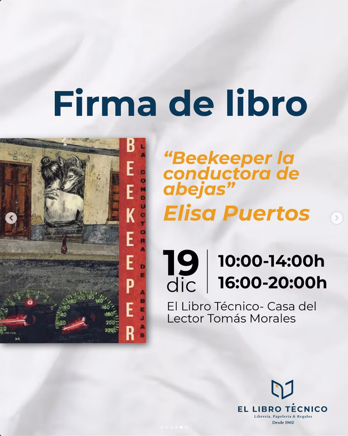 Firma de Libro “Beekeeper la conductora de abejas” de Elisa Puertos en El Libro Técnico, Las Palmas de Gran Canaria.