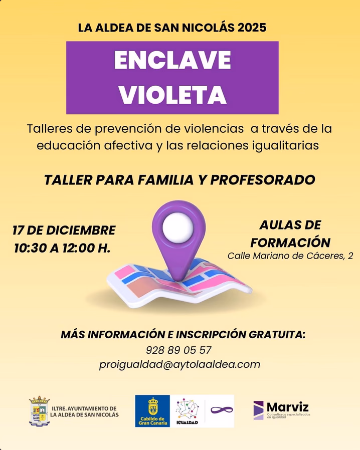 Taller "Enclave Violeta" para familias y profesorado en las Aulas de Formación de La Aldea de San Nicolás, Gran Canaria.