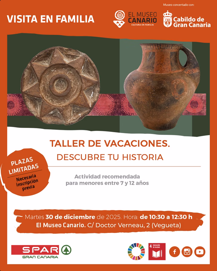 Actividad infantil de visita - taller en familia "de Vacaciones: Descubre tu historia" al Museo Canario, Las Palmas de Gran Canaria.