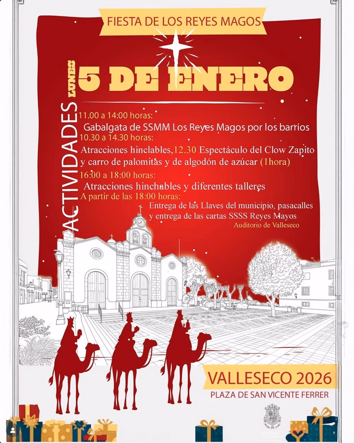 Programa de eventos del día Cabalgata de Reyes 2026 en Valleseco, Gran Canaria: