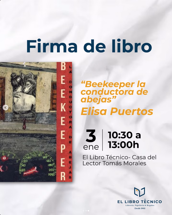 Firma de Libro “Beekeeper la conductora de abejas” de Elisa Puertos en El Libro Técnico, Las Palmas de Gran Canaria.