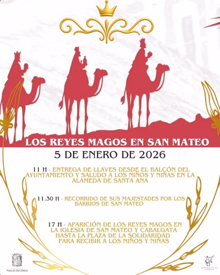 Programa de eventos del día de la Cabalgata de Reyes 2026 en Vega de San Mateo, Gran Canaria.