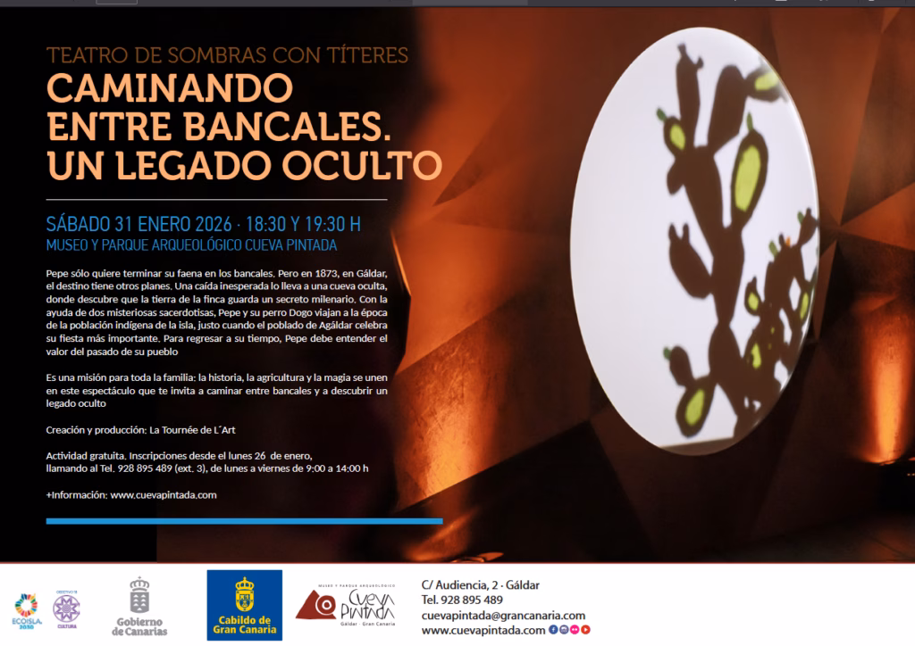 Teatro 'Caminando entre bancales. Un legado oculto' en el Museo y Parque Arqueológico Cueva Pintada, Gáldar, Gran Canaria.