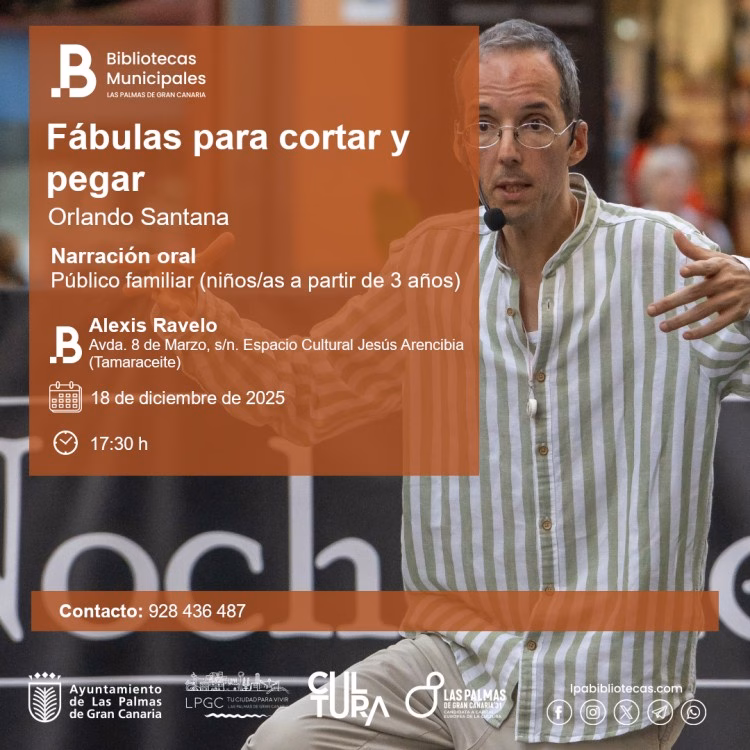 Narración oral para público familiar "Fábulas para cortar y pegar" en la Biblioteca de La Isleta, Las Palmas de Gran Canaria.