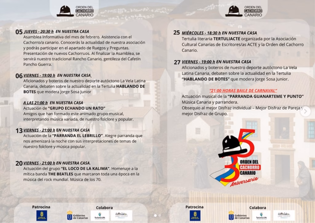 Progama de eventos febrero Asociación Orden del Cachorro Canario, Las Palmas de Gran Canaria.