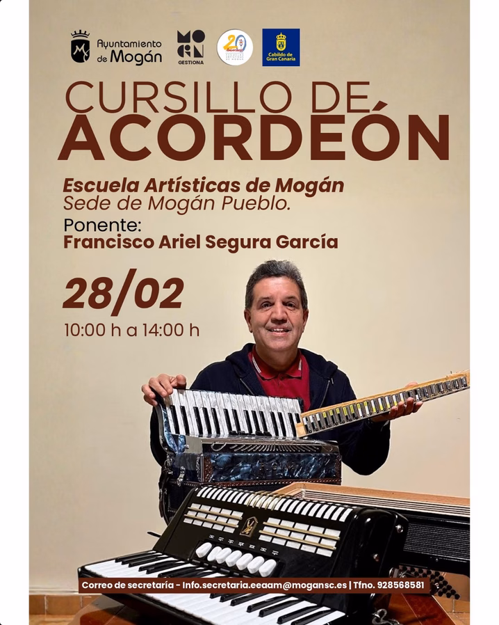 Taller - Cursillo de Acordeón en las Escuelas Artísticas Mogán, Sede Casco de Mogán, Gran Canaria.